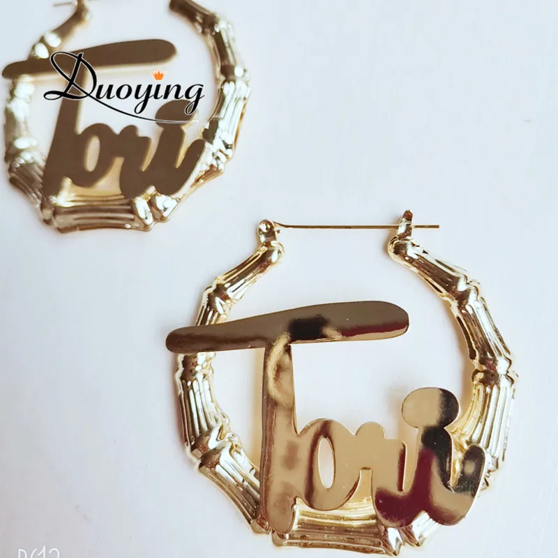 Duoying-pendientes de aro de bambú personalizados, 30mm-90mm, nombre personalizado, estilo de bambú, personalidad, estilo hip hop