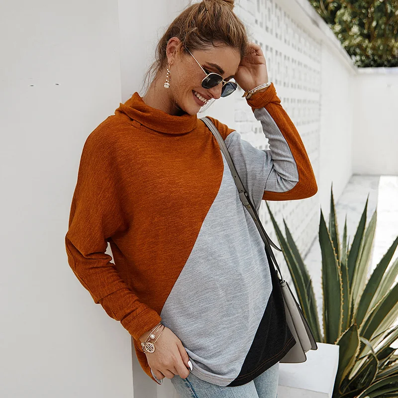 Women T-shirt Turtleneck Long Sleeve tshirt Color Block Splicing Loose Fashion Tunic Autumn T Shirts Casual Top Female