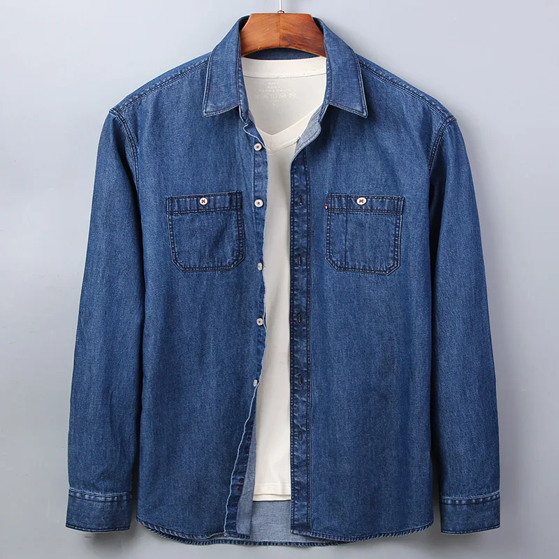 

2019 Men's New Jeans Long Sleeve Shirts Casual Fashion Sports Blue Black Lapel Button Pocket Winter Shirts Men Social Shirt Coat