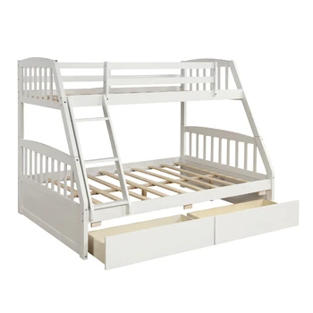 

Fashion Design White Solid Wood Twin Over Full Bunk Bed with Two Storage Drawers High Quality