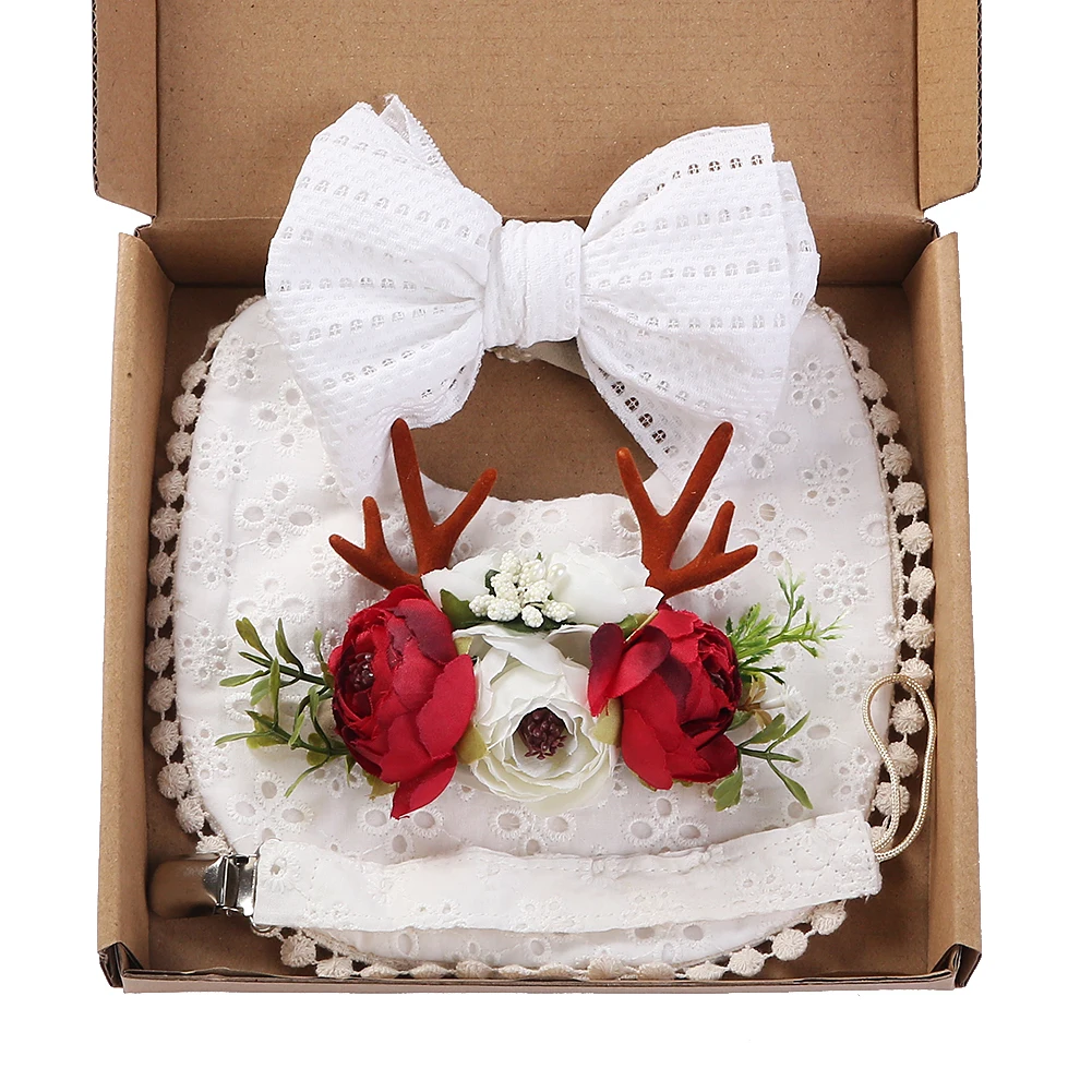 4Pcs/Set Flower Print Baby Bib Headband Elastic Nylon Hair Band Food Grade Silicone Beads Pacifier Clip Chain Christmas Gift Box