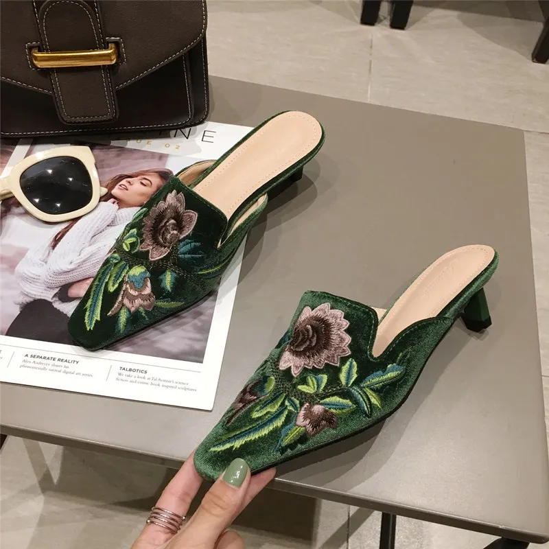 velvet heeled mules