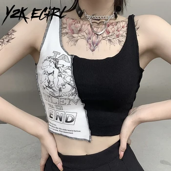 

Y2K EGIRL Gothic Graphic and Letter Printing Patchwork Straped Cropped Tops Vintage 90s Streetwear Sleeveless Tank Tops Harajuku