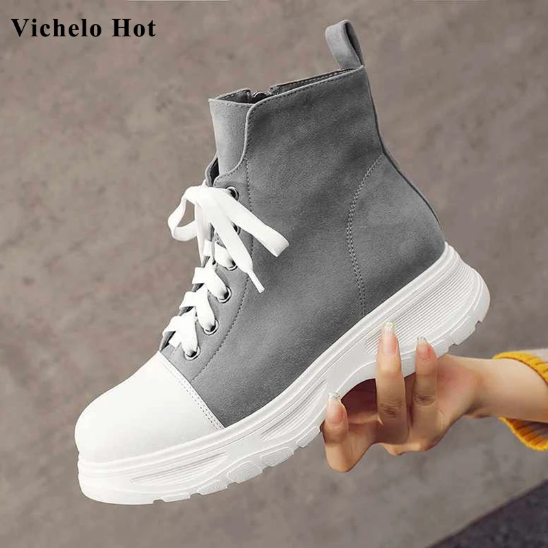 

Vichelo Hot genuine leather side zipper lace up mixed colors simple style high heels round toe daily wear women ankle boots L9f5