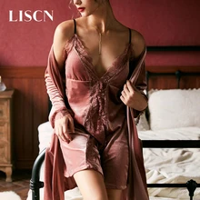 LISCN, сексуальное ночное платье, женская пижама, кружевная вставка, прозрачное ночное белье, золото, бархат, одежда для сна, платье и халат, 2 шт., ночные рубашки