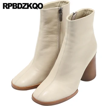 

thick fall high heel side zip boots black 2019 beige chunky women shoes fashion round toe waterproof winter autumn ankle block