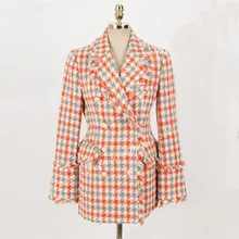 2021 Autumn Women Vintage Houndstooth Plaid Blazer Korean Slim Single-breaste Jackets Long Sleeve Coats Outwear