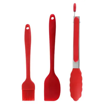 1/3PCS Red Silicone Oil Basting Brush BBQ Tongs Set Cake Cream Scraper Butter Smoother Kitchen Grill Food Meat Tongs Barbecue
