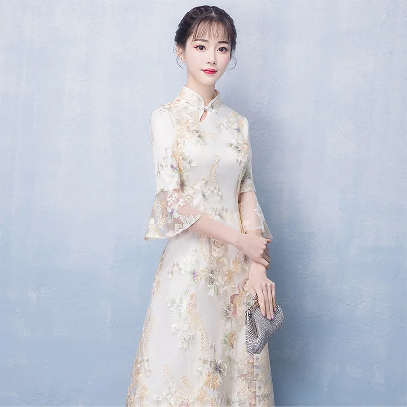 Lace Patchwork Sleeve Lady Qipao Exquisite Embroidery Flower Chinese Dress Classic Champagne Bride Wedding Dress Sexy Maxi Dress