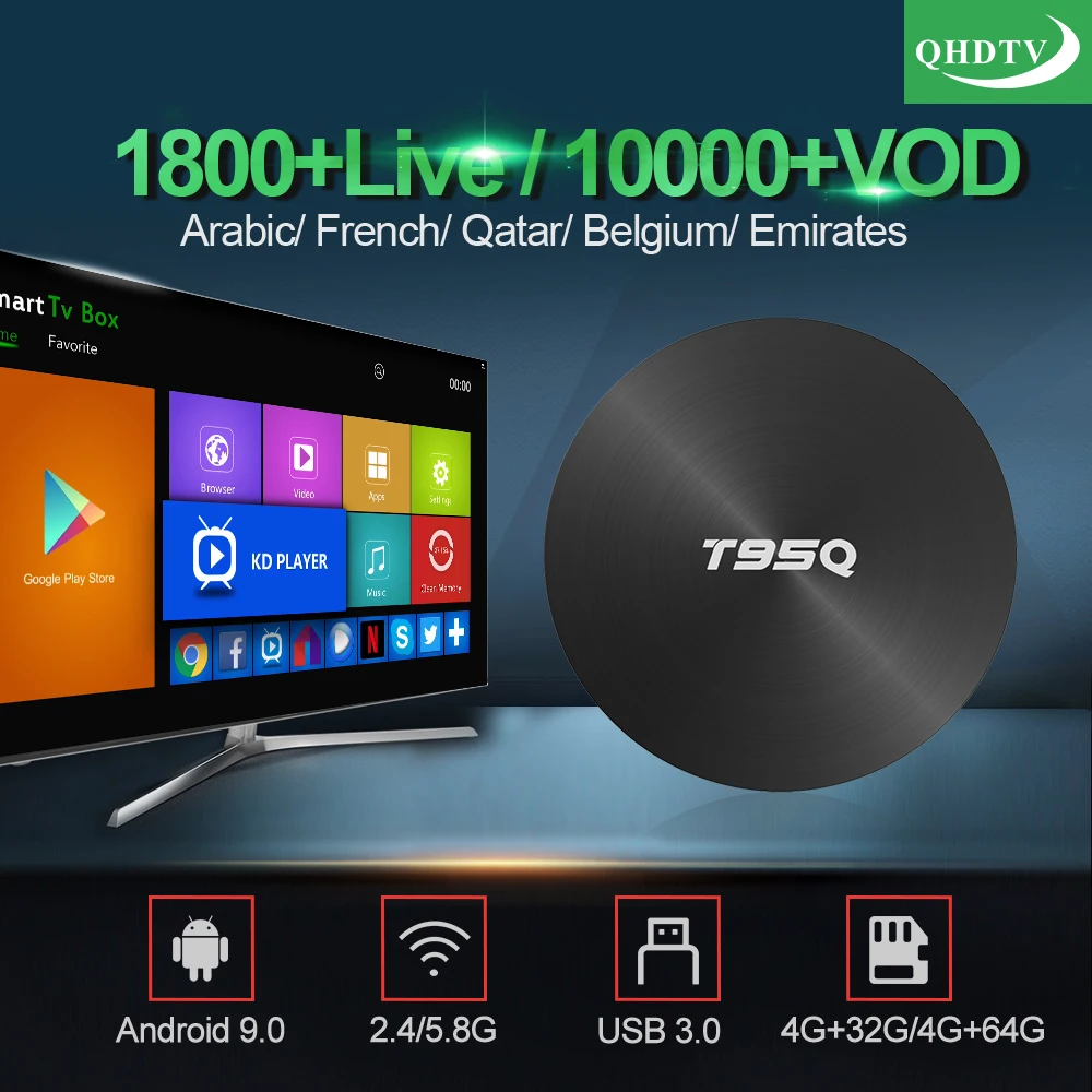 

France IPTV Subscription Box QHDTV Code T95Q Android 9.0 Smart TV BOX BT4.1 IPTV France Arabic Belgium IP TV Morocco Nethwelands