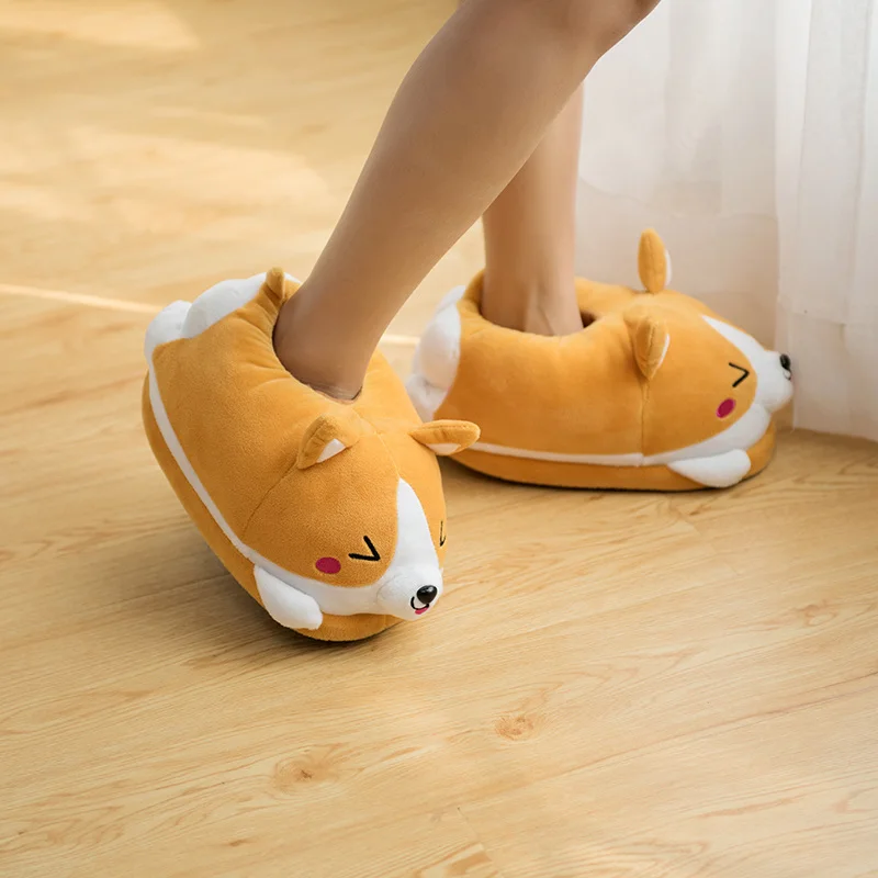 Cute Corgi Dog Heeled Slippers Stuffed Cartoon Animal Shoes Indoor Floor Doggy Slippers Winter Warm Girls Women Gift