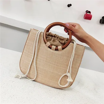 

Fashion Ring Straw Top Handle Shoulder Bag Ladies High Capacity Drawstring Solid Designer Cross Body Purses Beach Handbags 2020