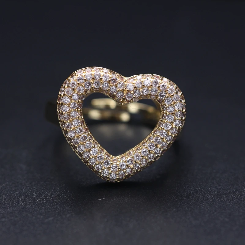 Luxury Heart Shape Finger Ring For Women Paved Micro Multicolor Zirconia Gold color Adjustable Open Finger Rings Wedding Jewelry