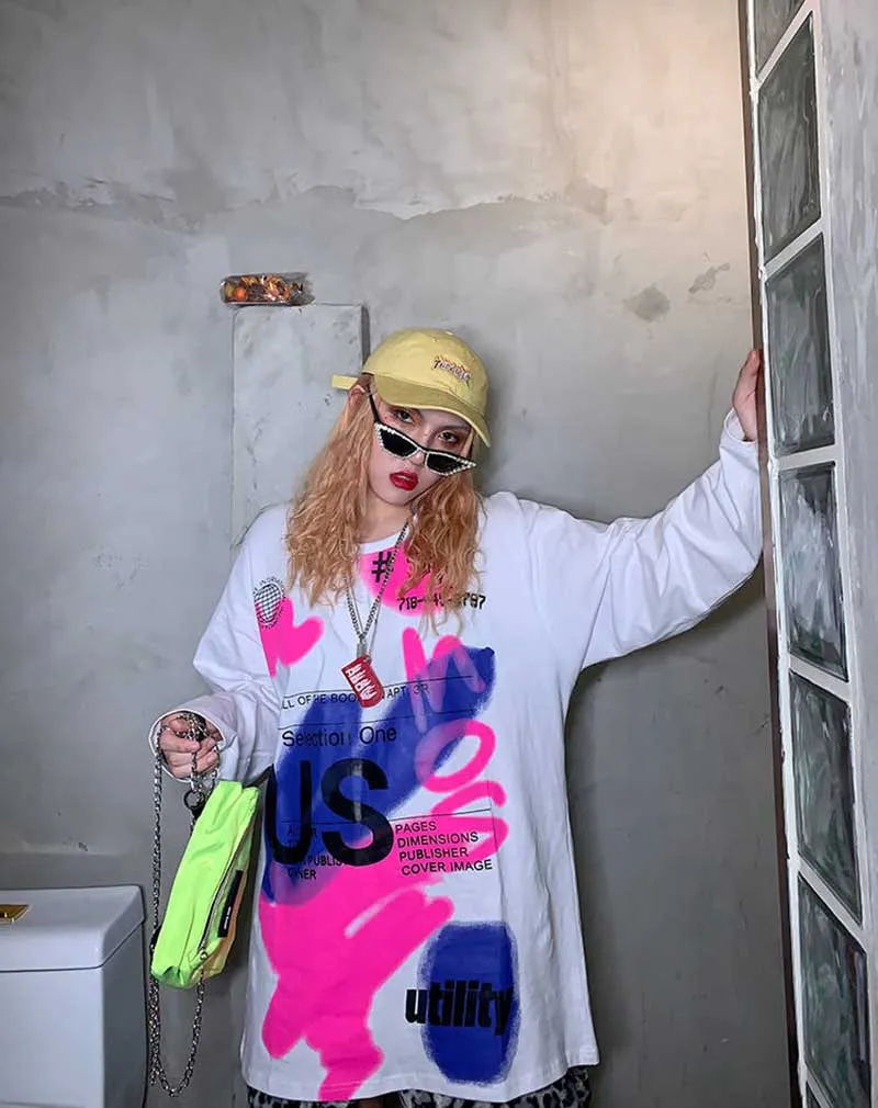 NiceMix, модная Корейская уличная одежда, женские осенние футболки в стиле панк, женские принтованные Футболки с длинным рукавом, повседневная одежда в стиле хип-хоп - Цвет: 31649purple