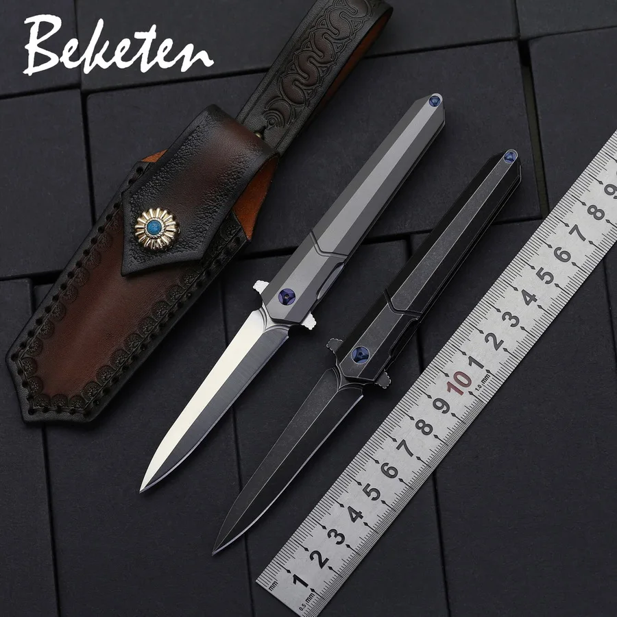 

New Sharp folding knife D2 blade Titanium handle outdoor Camping Hunting Fishing Survival Tactics pocket Knife Leather Sheath