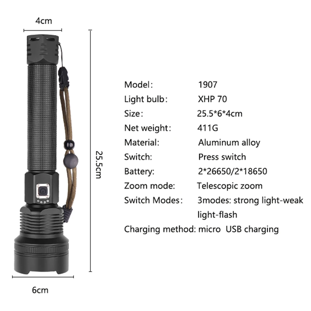 Супер яркий XHP90/70,2 светодиодный фонарик, супер мощный фонарь, USB лампа с зумом, фонарь с зумом, работающий от аккумулятора 18650 26650