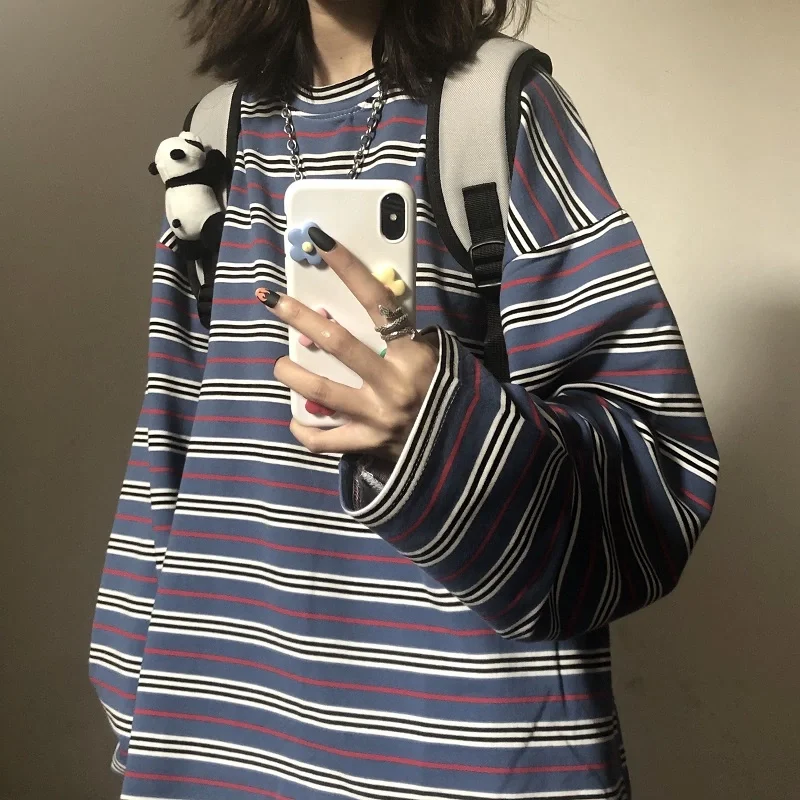 Camisetas a rayas de cuello redondo para mujer, sudadera holgada harajuku con capucha de manga larga, top de gran tamaño, sudadera de Hip Hop, primavera y otoño