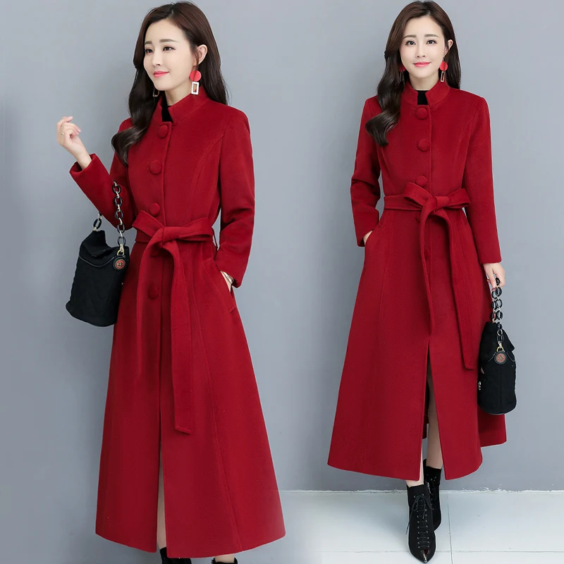 Зимнее женское пальто большого размера из кашемира, однотонное однобортное пальто, женское модное длинное шерстяное пальто выше колена - Цвет: Wine red