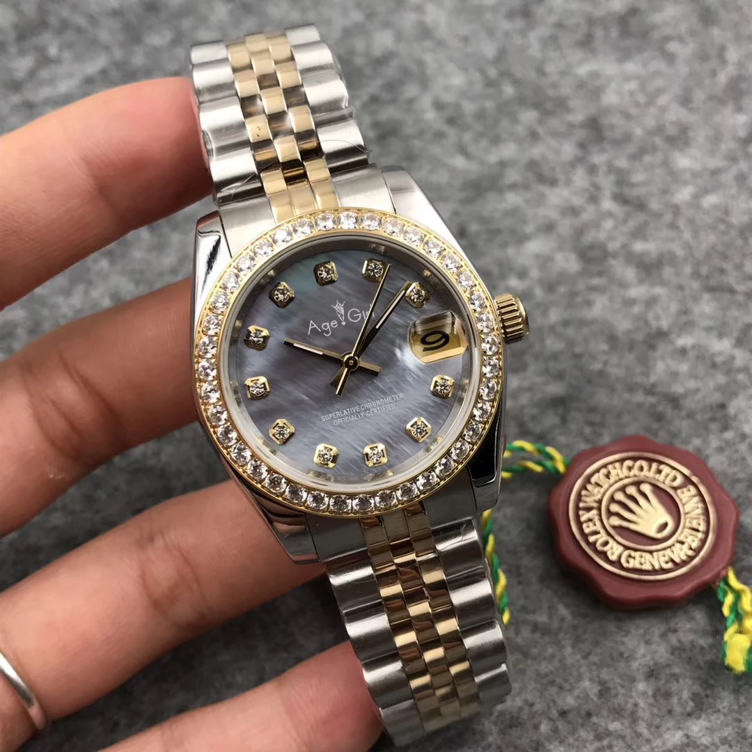 Роскошные брендовые новые женские часы Datejust из нержавеющей стали автоматические механические сапфировые золотые корпус Серые Бриллианты Циферблат Безель часы 31 мм AAA