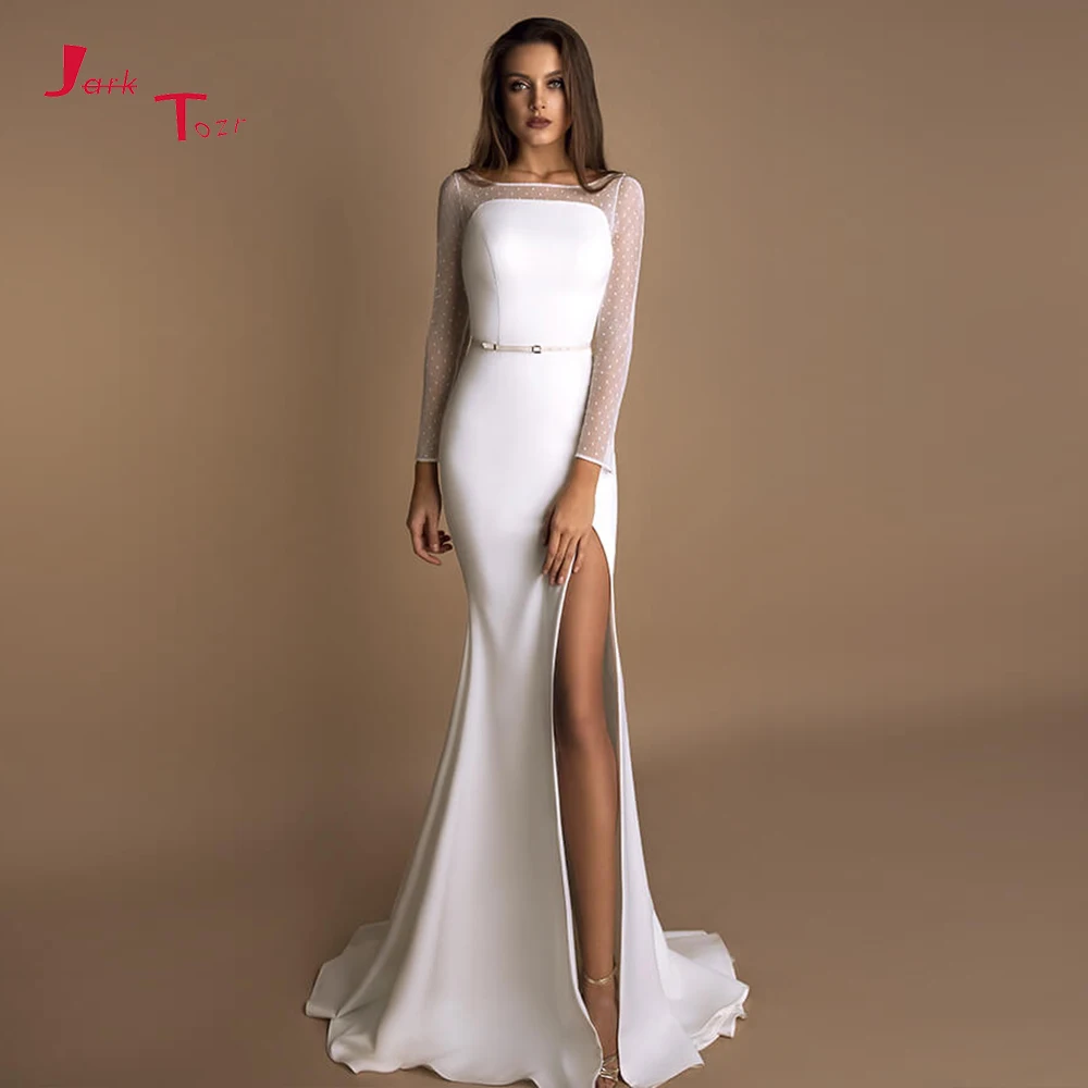 Новое поступление, кружевные Сатиновые Свадебные платья русалки Vestido De Novia Sirena, юбка с длинными рукавами, с разрезом на поясе, свадебные платья