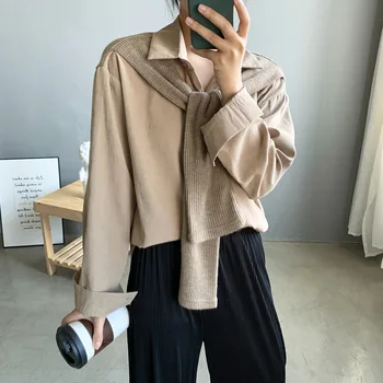 

2020 New Women Blouses Knitted Patchwork Design Oversized Womens Tops And Blouses White Khaki Shirt Blusas Roupa Feminina