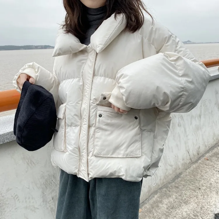 CamKemsey Winter Coats Women Fashion Big Pockets Stand Collar Thick Warm Down Cotton Padded Loose Winter Parkas Coats