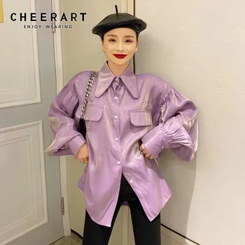 

CHEERART Peter Pan Collar Blouse Women Lantern Sleeve Glitter Blouses Designer Ladies Top Pink Loose Shirt 2020 Spring