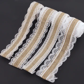 

2m 4 Style Natural Jute Burlap Hessian Lace Ribbon Roll+White Lace Vintage Wedding Decoration Party Christmas Crafts Decorative