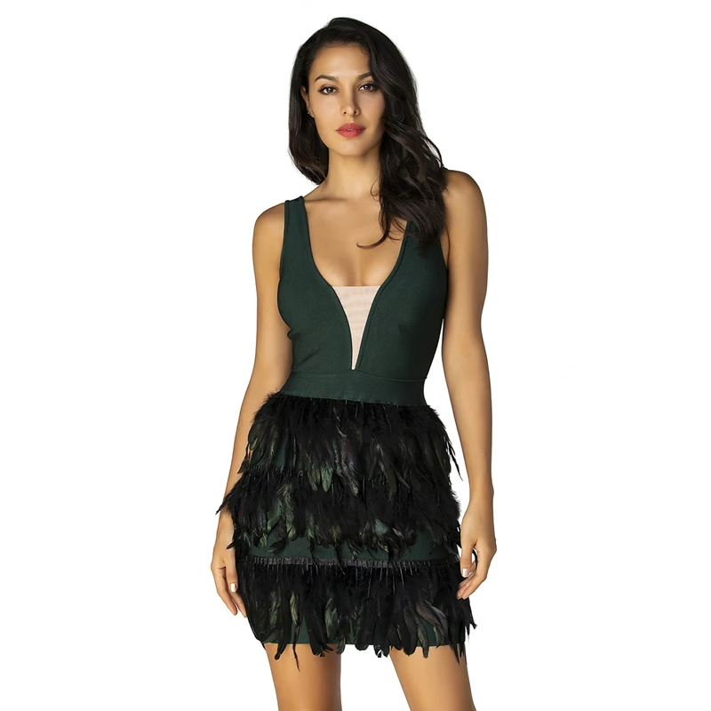 Женское вечернее платье с перьями Клубное Бандажное мини v образным вырезом