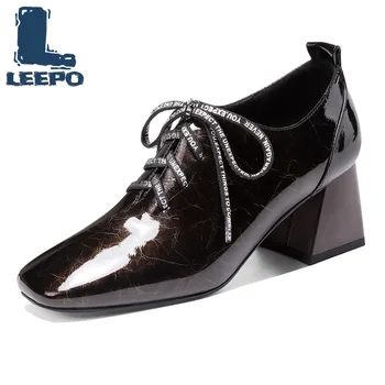 

Women High Heels Cow Leather Spring Autumn Black Comfort Soft Square Toe Female Lace-Up Luxury Party Thick Pumps Shoes Woman