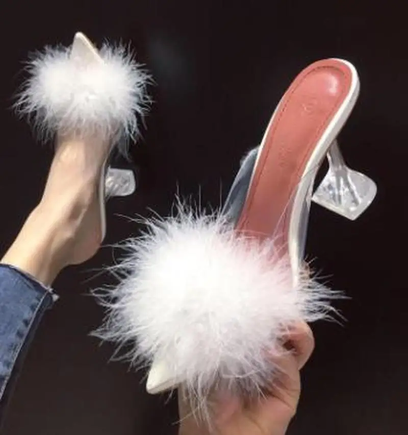 

Eilyken Summer Woman Pumps PVC Transparent Feather Perspex Crystal High Heels Fur Peep Toe Mules Slippers Ladies Slides Shoes