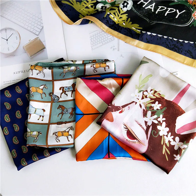 Square Scarves for Women Chic Horse Design Ponchos and Capes Multi-functional Decoratiion Shawl Silk-like Hijab | Аксессуары для