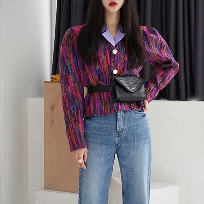 RICININA, Harajuku, пальто, женская куртка,, длинный рукав, пуговицы, радужная полоска, короткие пальто, женская куртка-бомбер, верхняя одежда, весна