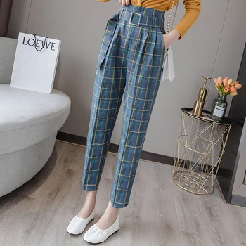 

Women High Waist Sashes Pockets Colorful Plaid Pants 2019 Autumn Winter Casual Trousers Femme Pantalon Loose Female Pants
