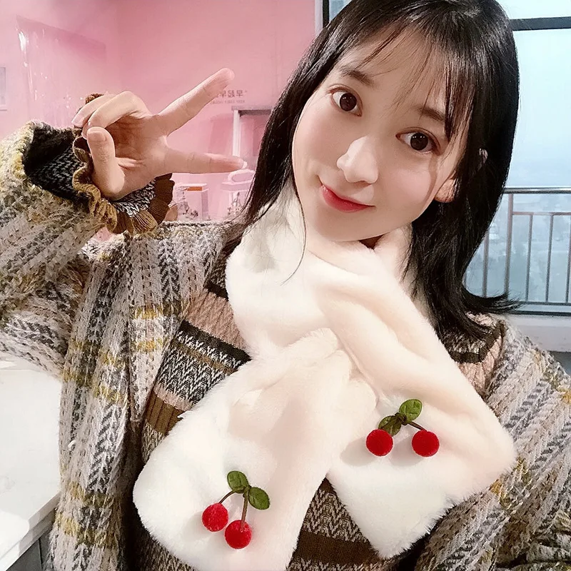 

2019 New Fashion Soft Cherry Faux Rabbit Collar Scarf Plush Silk Color Warm Winter Shawl Wrap Elegant Girls Ladies Scarves
