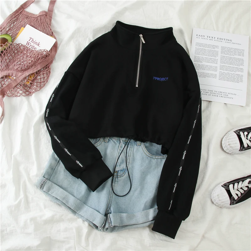 

2019 Autumn Winter Slim Short Tops Casual Excise Zipper Sexy Umbilical Long-Sleeved Solid Color Tees Woman Hoodies Sweatshirts