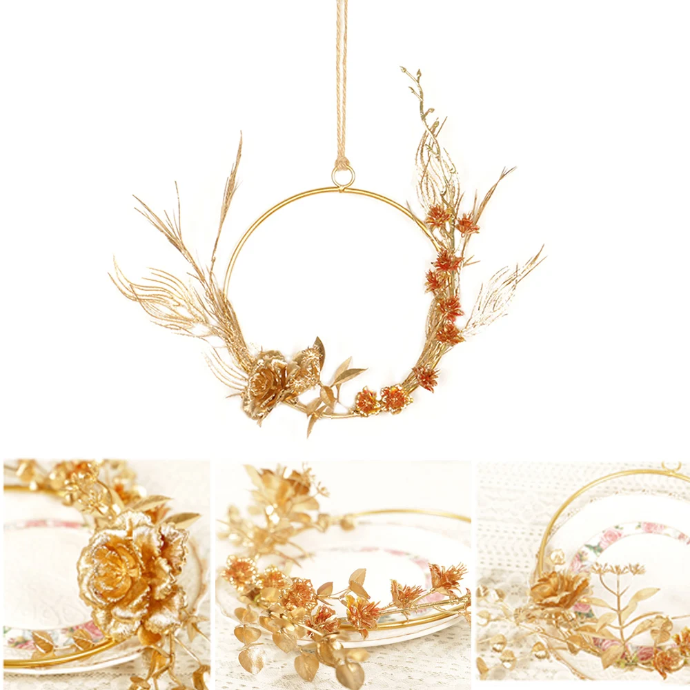 Color Wall Hanging Metal Wreath Pendant Decorations Hoop Wreath Gold Flower Wall Ornament Wrought Iron Decoration