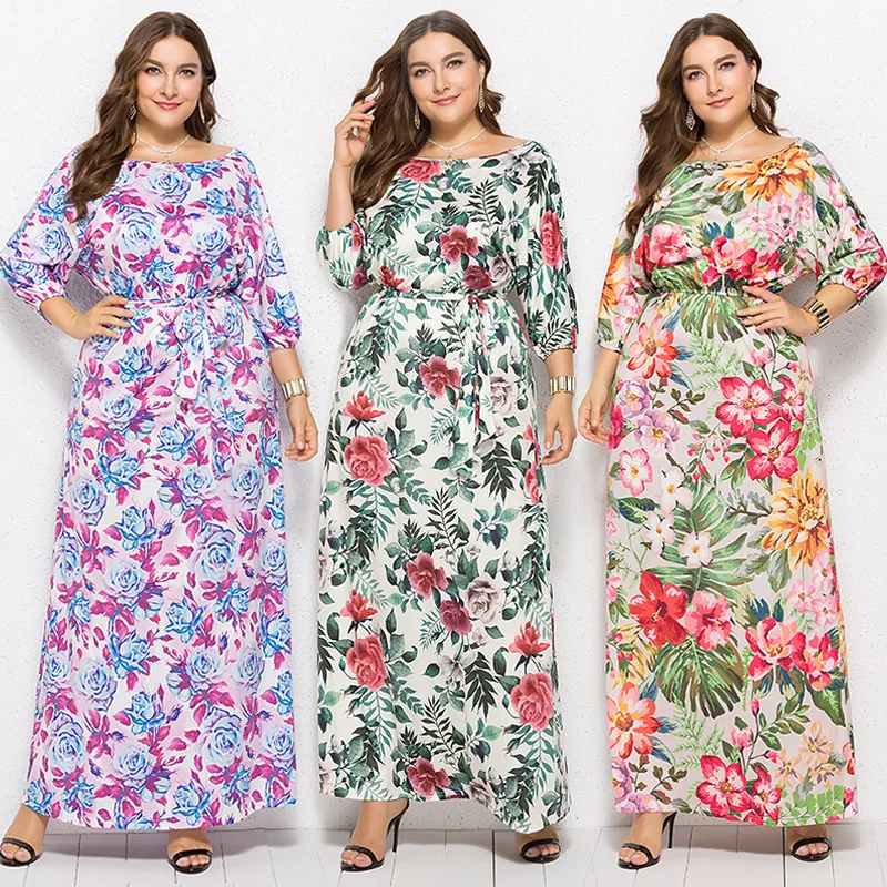 

Plus Size Women O-neck Floral Degital Print Bat Sleeve Long Dress 2020 Summer Behomian Stretchy Waist Maxi Dress Party Vestidos