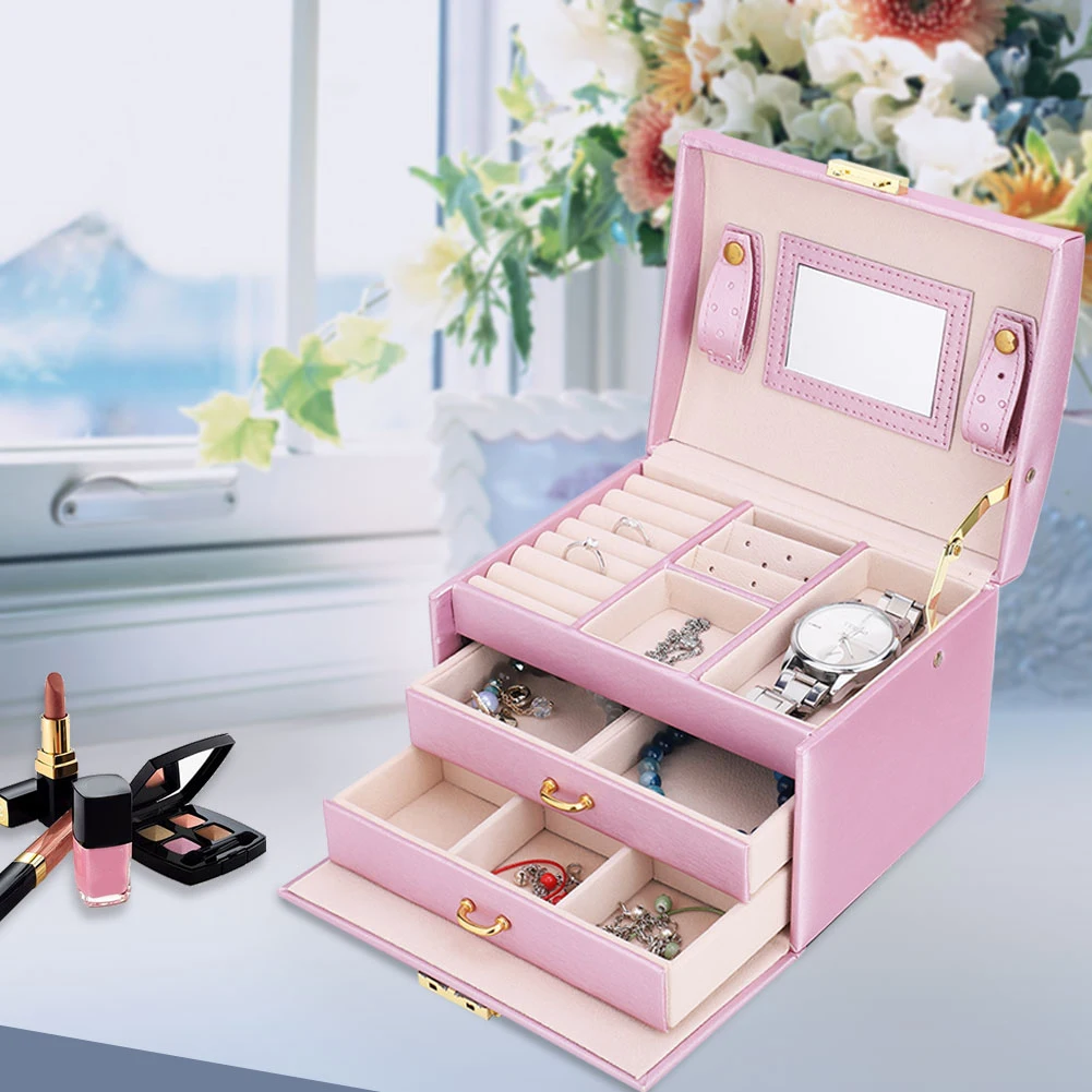 Красный 3 яруса макияж Органайзер из искусственной кожи чехол для хранения