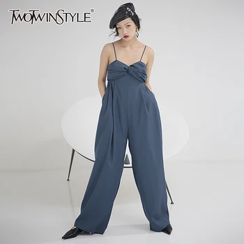 

TWOTWINSTYLE Spring Casual Ruched Jumpsuit For Women Spaghetti Off Shoulder Square Collar High Female Jumpsuits 2020 New Fashion
