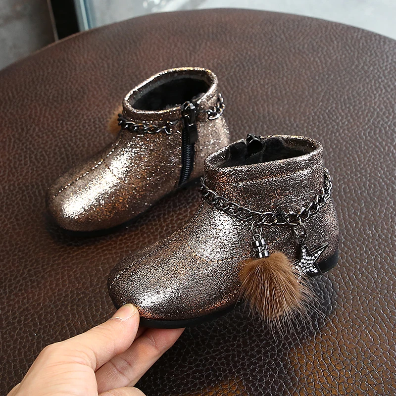 Детская обувь; сезон осень-зима; обувь принцессы для девочек в возрасте от 1 до 3 лет; зимняя теплая обувь - Цвет: Золотой