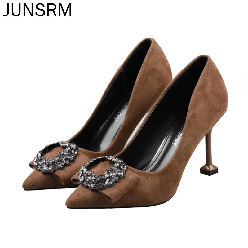 

JUNSRM Women wild new ultra-fine heels female sense goddess crystal girl small Women's fresh suede cat heel Pumps shoes Woman