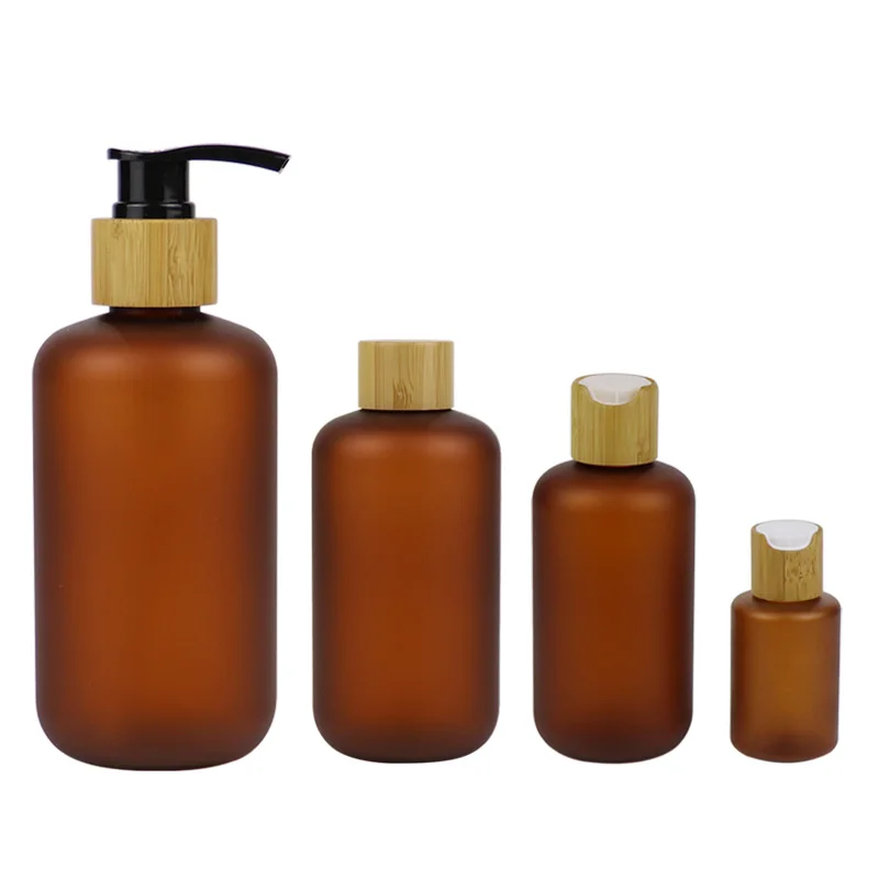 

Cosmetic Containers 60ml 120ml 250ml 500ml Frosted Amber Plastic PET Bottle with Bamboo Lid Liquid Packaging Container