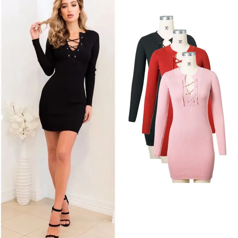 

2018 Autumn New Style Western Style Sexy Dew Chest Deep V-neck Bandage Cloth Long-sleeved Dress Sheath Short Skirt Women's Fashi