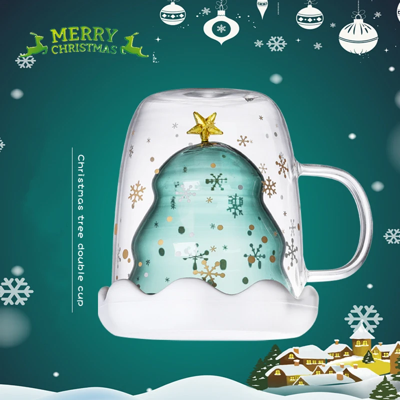 

Christmas Tree Tea Coffee Glass Cup Heat Resistant Double Wall Mug With Lid Handle Drinkware Transparent High Borosilicate Glass