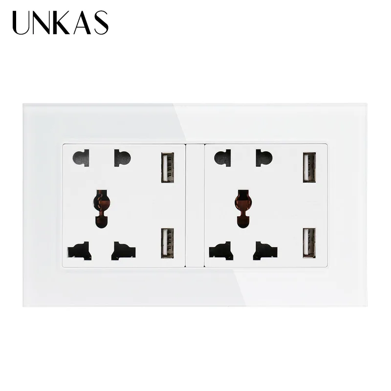 Универсальная Розетка UNKAS с 5 отверстиями и 4 USB интеллектуальным Индукционным зарядным портом для мобильных устройств, настенная розетка из закаленного стекла