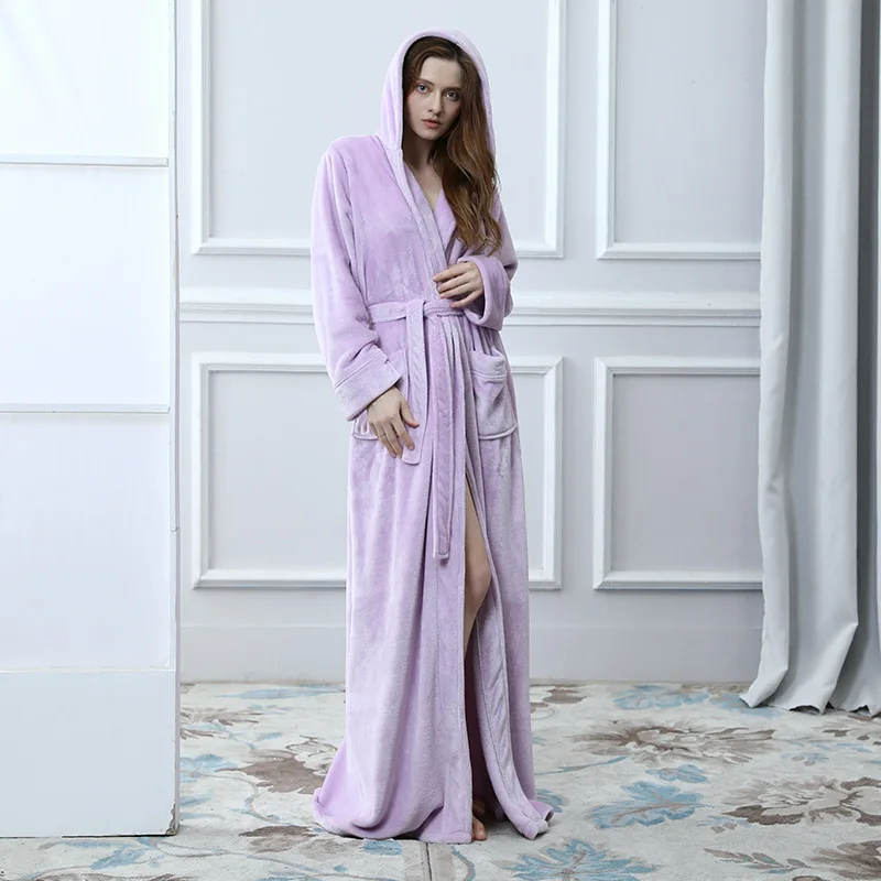 women purple Пара тепловой с капюшоном удлиненный зимний банный халат для женщин и мужчин мягкий фланелевый банный халат-кимоно домашний теплый халат платье Прямая поставка - Цвет: women purple