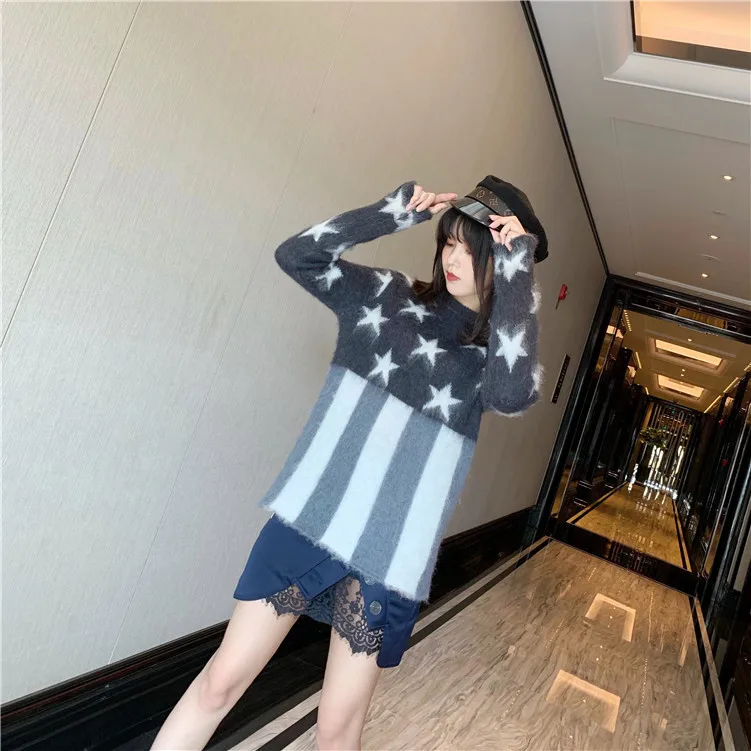 Stars+ stripe mohair sweater lazy wind new fund autumn winters female grey pullovers