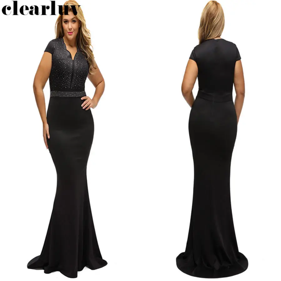 

Evening Mermaid Dress 2019 Plus Size Black Floor Length Robe De Soiree T003 Crystal Women Party Dresses New V-neck Formal Gown