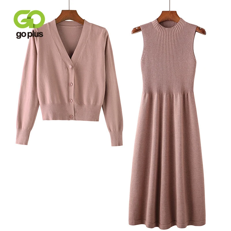 

GOPLUS Two Piece Set Women V-Neck Cardigan Sweaters Midi Dress Suit Winter Outfits Knitted Sets Clothing Ensemble Femme C10788